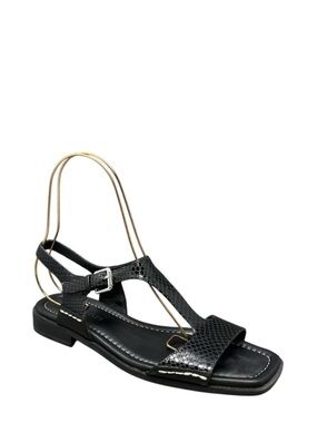 NEW Donald J Pliner Driaus T-Strap Sandals Black Leather Size 9 Snake Embssd New